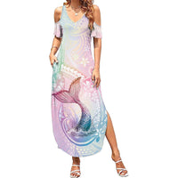 Hawaii Mermaid Sweet Pastel Family Matching Summer Maxi Dress and Hawaiian Shirt Polynesian Pattern Fish Hook LT01 Mom's Dress Multicolor - Polynesian Pride