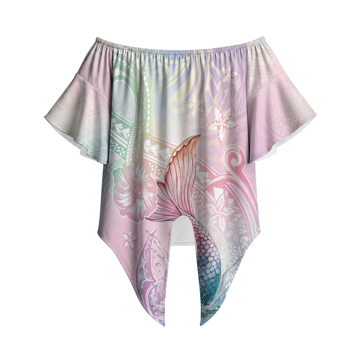 Hawaii Mermaid Sweet Pastel Off Shoulder Wrap Waist Top Polynesian Pattern Fish Hook LT01 Multicolor - Polynesian Pride