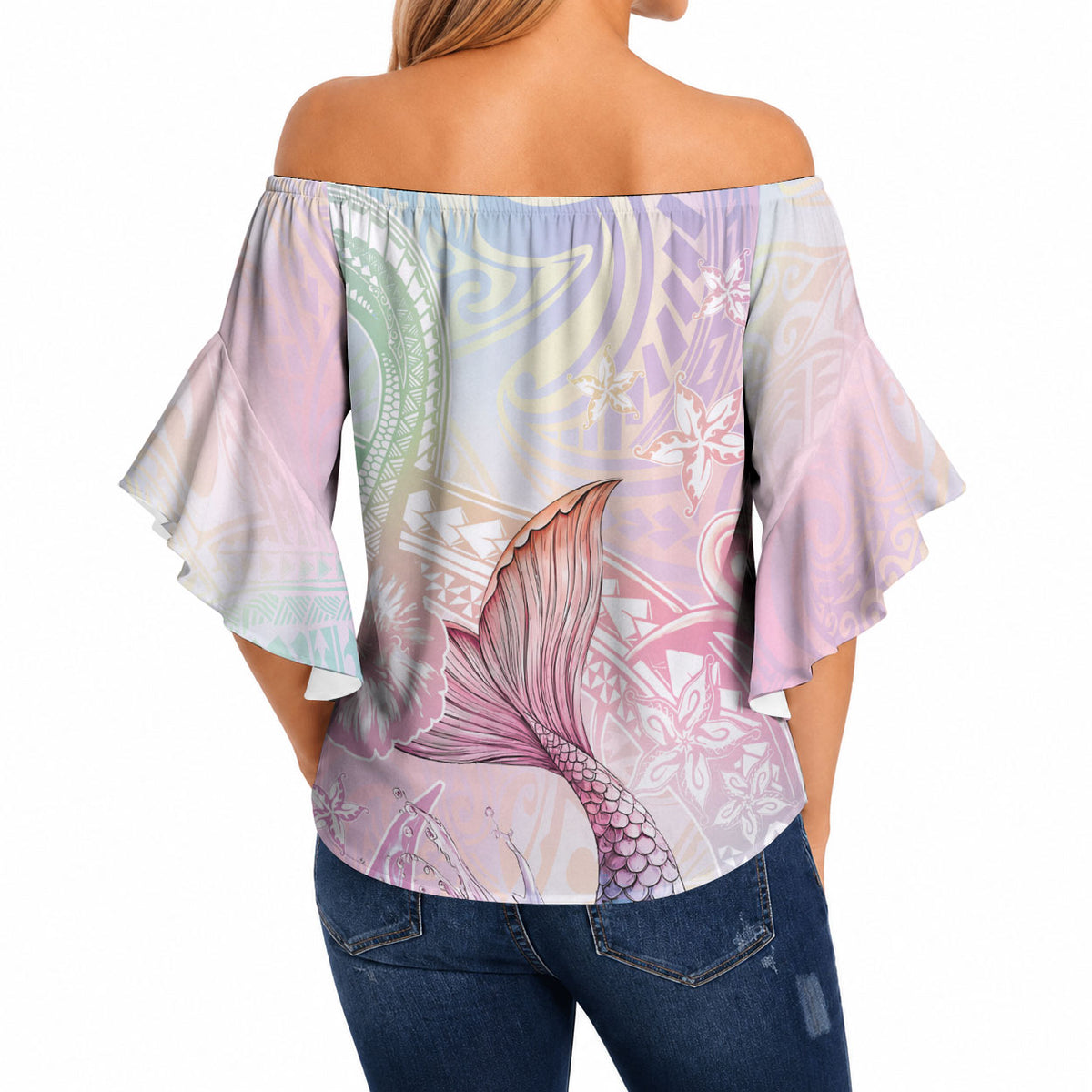 Hawaii Mermaid Sweet Pastel Off Shoulder Wrap Waist Top Polynesian Pattern Fish Hook LT01 - Polynesian Pride