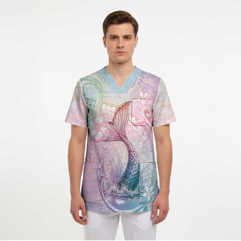 Hawaii Mermaid Sweet Pastel Scrub Top Polynesian Pattern Fish Hook