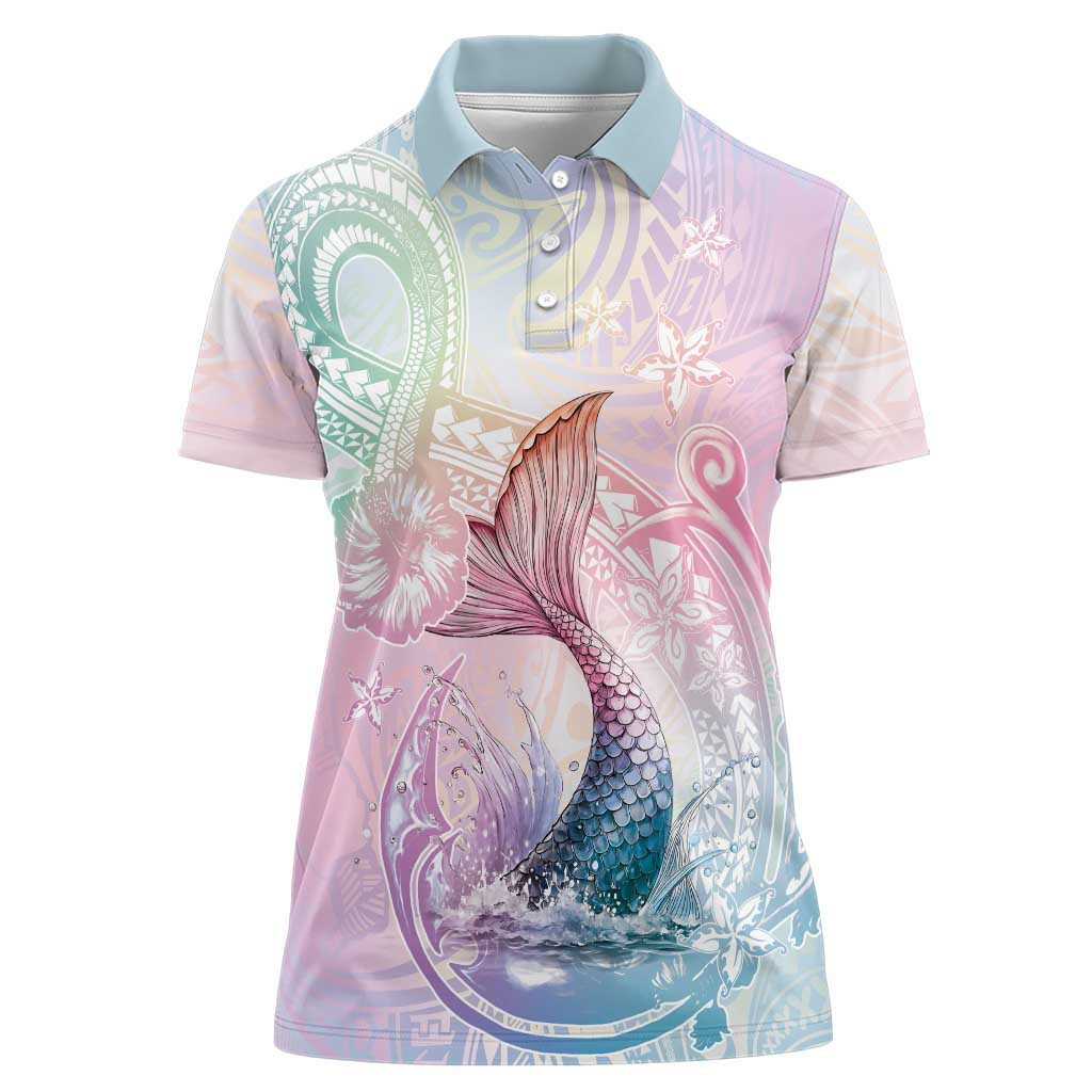 Hawaii Mermaid Sweet Pastel Women Polo Shirt Polynesian Pattern Fish Hook