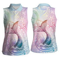 Hawaii Mermaid Sweet Pastel Women Sleeveless Polo Shirt Polynesian Pattern Fish Hook