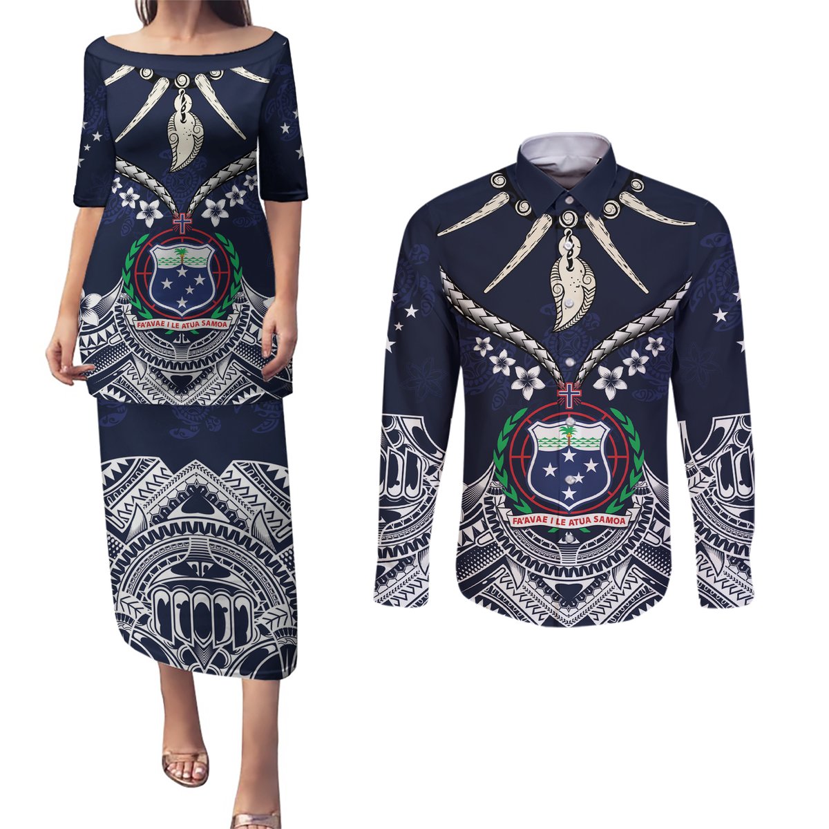 Samoa Independence Day Couples Matching Puletasi and Long Sleeve Button Shirt Ula Nifo Mix Turtle LT01 Blue - Polynesian Pride