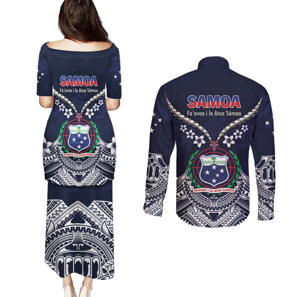 Samoa Independence Day Couples Matching Puletasi and Long Sleeve Button Shirt Ula Nifo Mix Turtle LT01 - Polynesian Pride