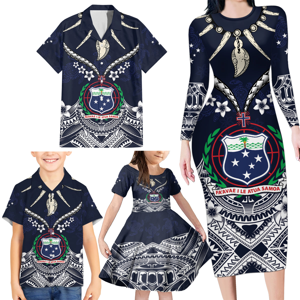 Samoa Independence Day Family Matching Long Sleeve Bodycon Dress and Hawaiian Shirt Ula Nifo Mix Turtle LT01 - Polynesian Pride