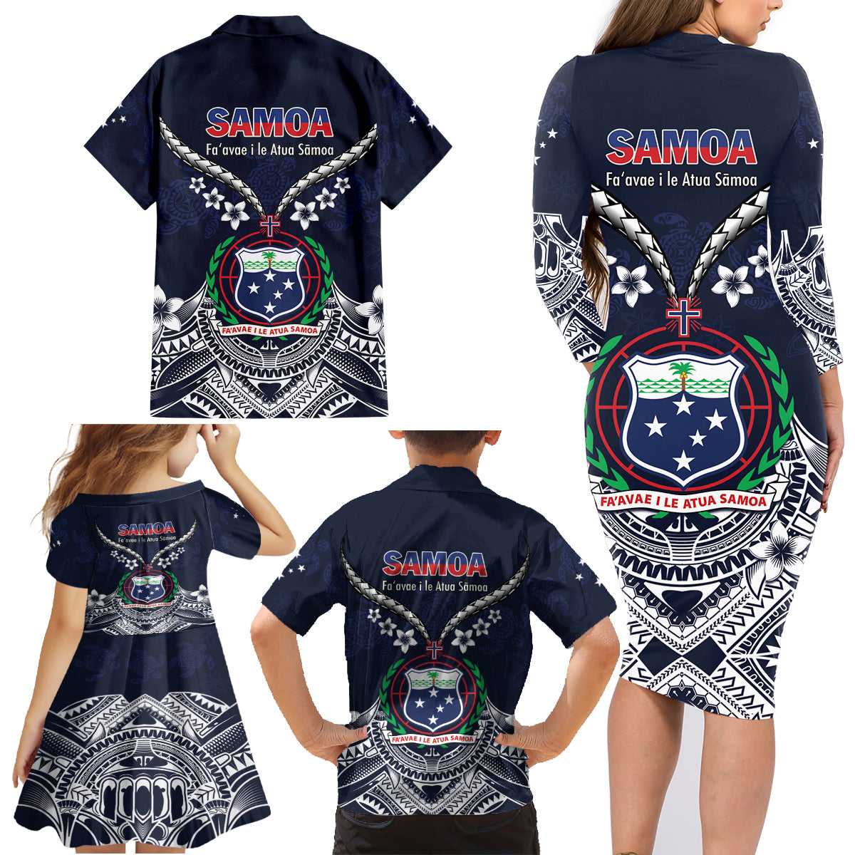 Samoa Independence Day Family Matching Long Sleeve Bodycon Dress and Hawaiian Shirt Ula Nifo Mix Turtle LT01 - Polynesian Pride