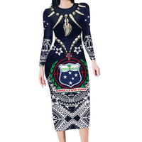 Samoa Independence Day Family Matching Long Sleeve Bodycon Dress and Hawaiian Shirt Ula Nifo Mix Turtle LT01 Mom's Dress Blue - Polynesian Pride