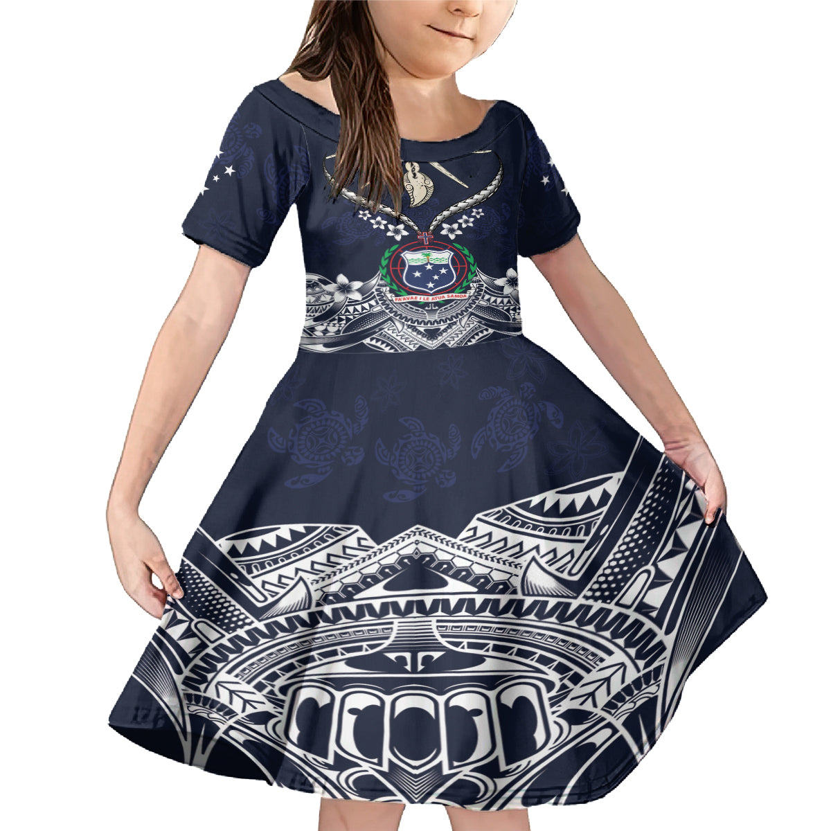 Samoa Independence Day Family Matching Mermaid Dress and Hawaiian Shirt Ula Nifo Mix Turtle LT01 Daughter's Dress Blue - Polynesian Pride