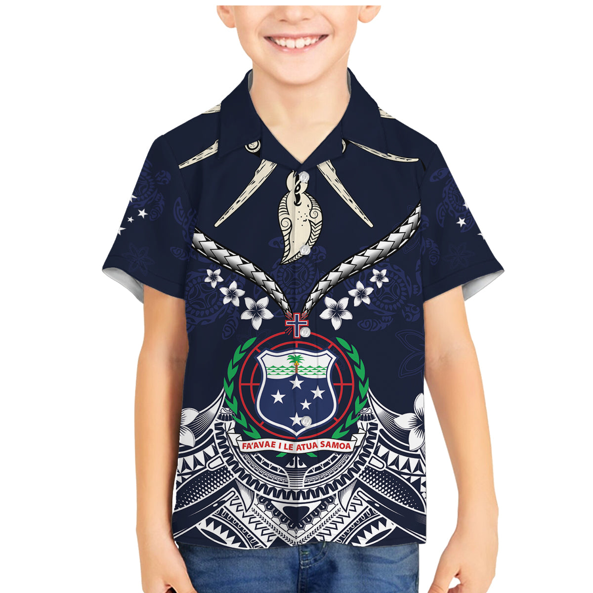 Samoa Independence Day Family Matching Mermaid Dress and Hawaiian Shirt Ula Nifo Mix Turtle LT01 Son's Shirt Blue - Polynesian Pride