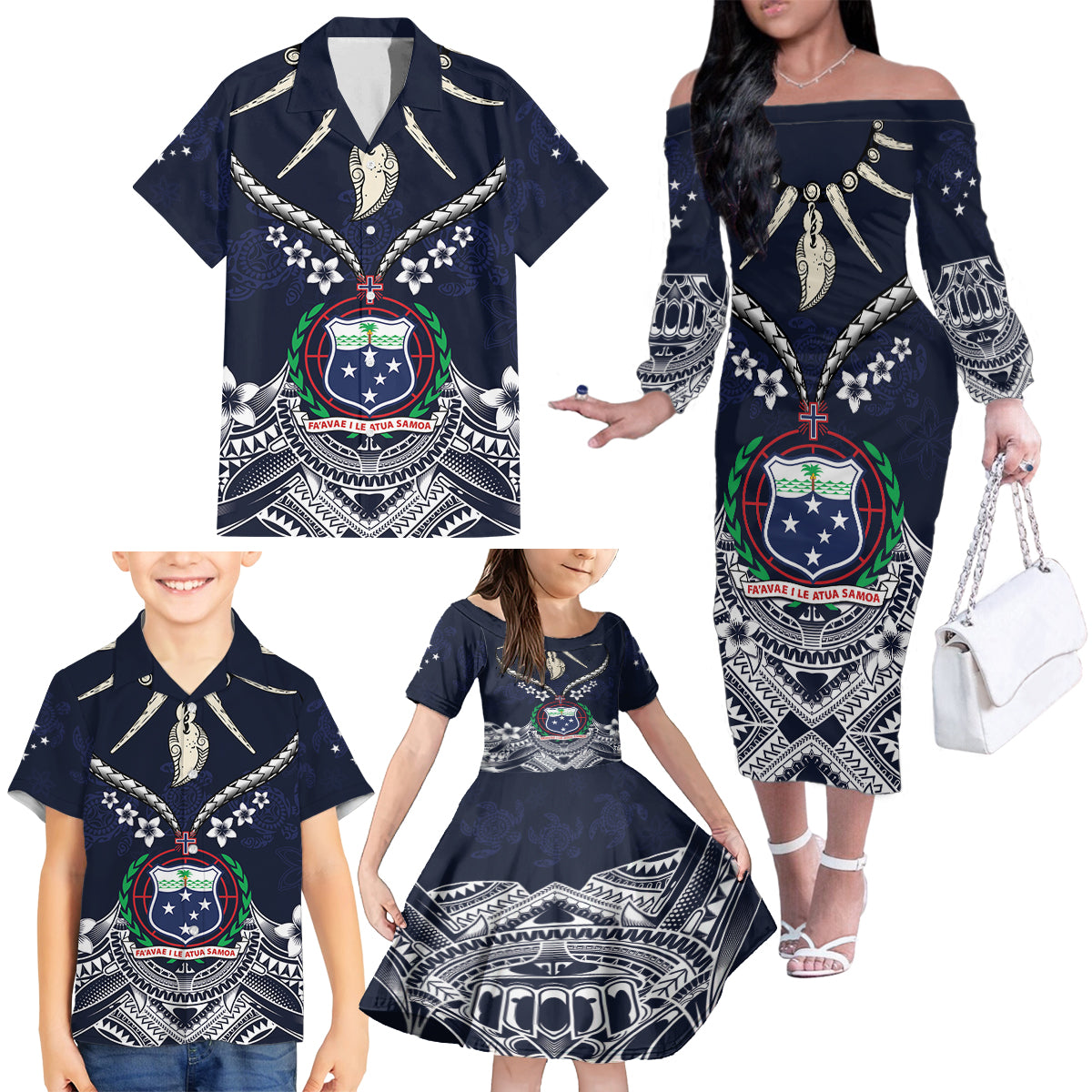Samoa Independence Day Family Matching Off The Shoulder Long Sleeve Dress and Hawaiian Shirt Ula Nifo Mix Turtle LT01 - Polynesian Pride