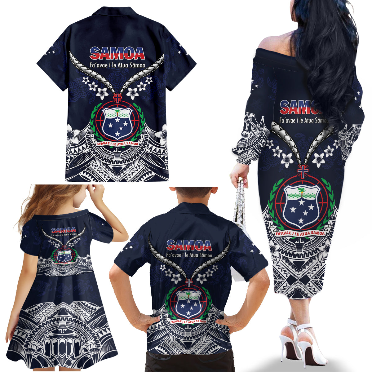 Samoa Independence Day Family Matching Off The Shoulder Long Sleeve Dress and Hawaiian Shirt Ula Nifo Mix Turtle LT01 - Polynesian Pride