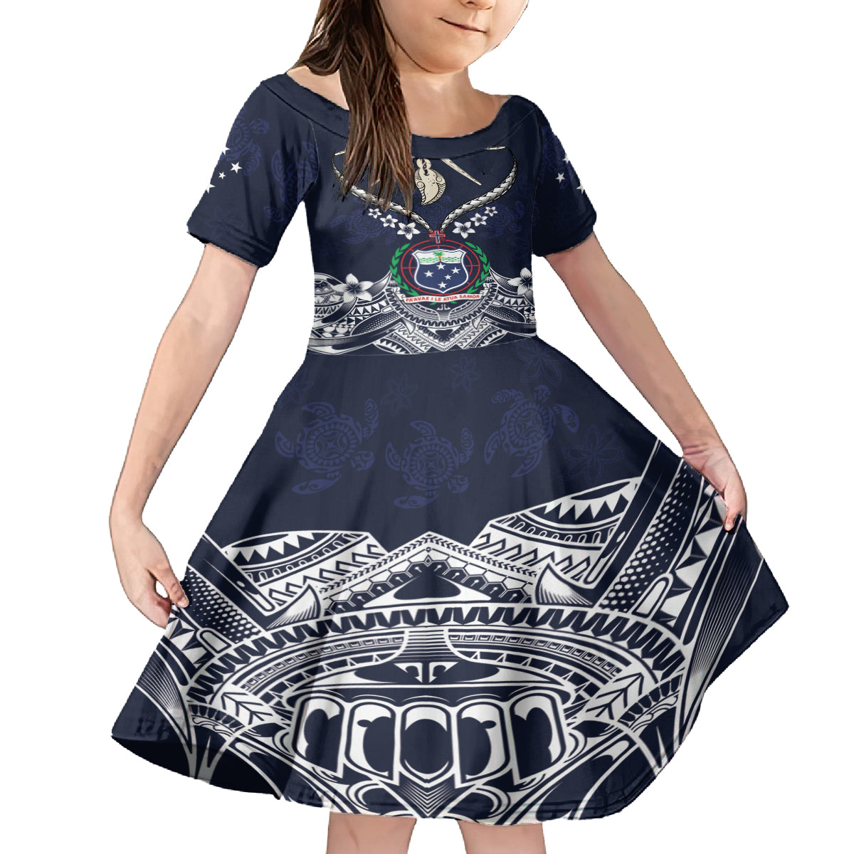 Samoa Independence Day Family Matching Off Shoulder Maxi Dress and Hawaiian Shirt Ula Nifo Mix Turtle LT01 Daughter's Dress Blue - Polynesian Pride