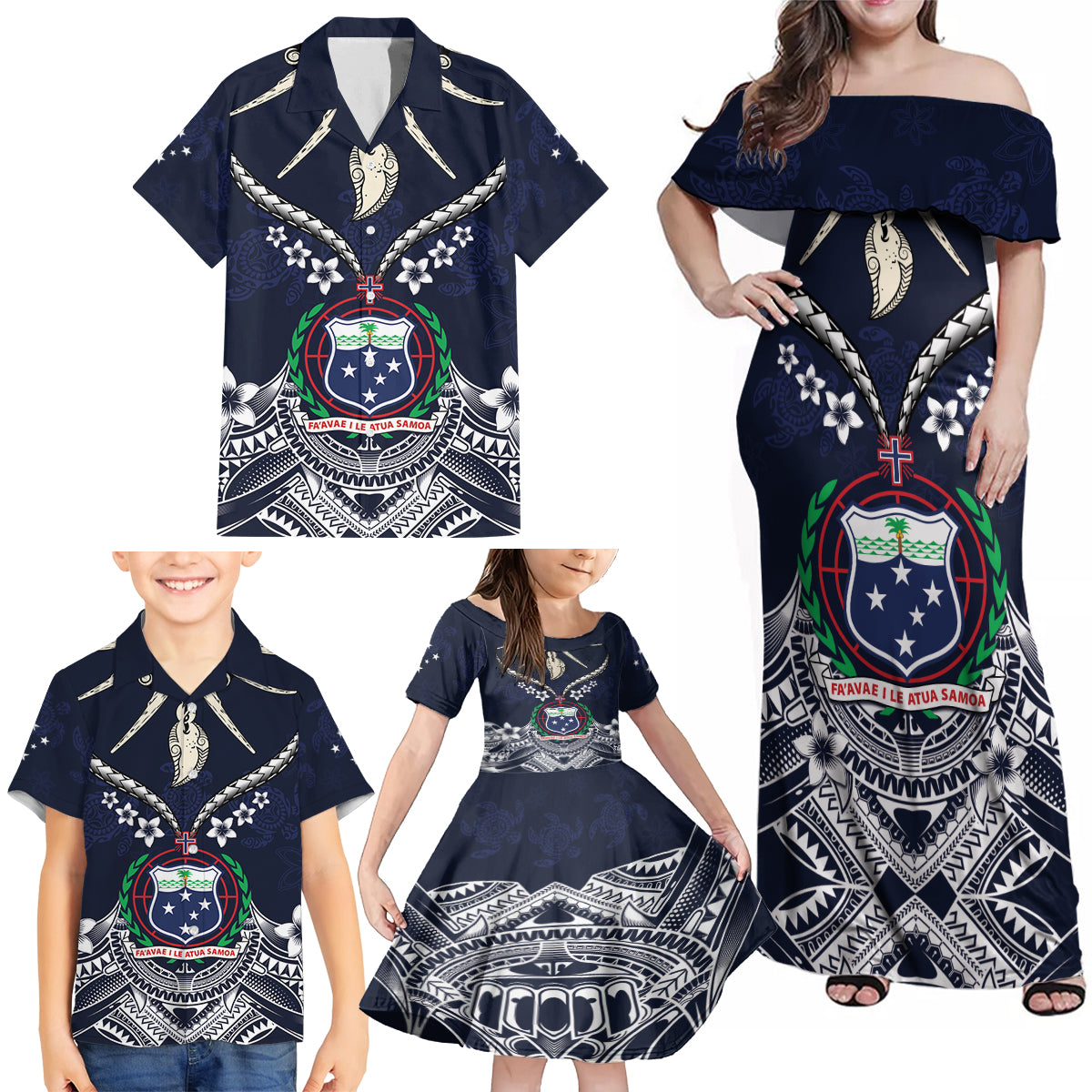 Samoa Independence Day Family Matching Off Shoulder Maxi Dress and Hawaiian Shirt Ula Nifo Mix Turtle LT01 - Polynesian Pride