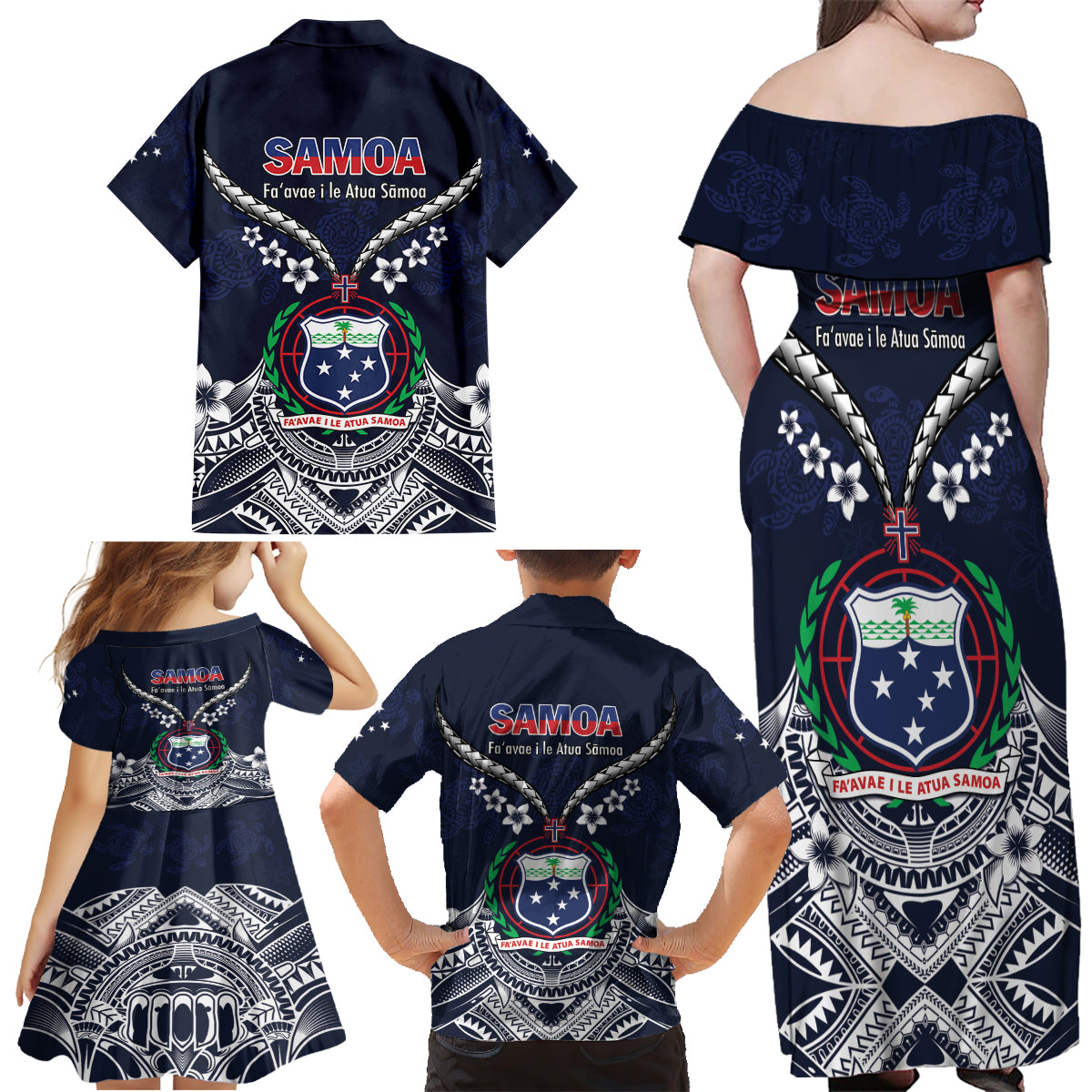 Samoa Independence Day Family Matching Off Shoulder Maxi Dress and Hawaiian Shirt Ula Nifo Mix Turtle LT01 - Polynesian Pride
