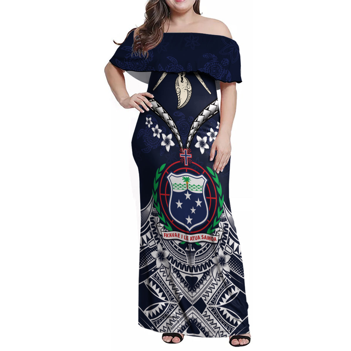Samoa Independence Day Family Matching Off Shoulder Maxi Dress and Hawaiian Shirt Ula Nifo Mix Turtle LT01 Mom's Dress Blue - Polynesian Pride