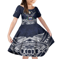 Samoa Independence Day Family Matching Off Shoulder Short Dress and Hawaiian Shirt Ula Nifo Mix Turtle LT01 Daughter's Dress Blue - Polynesian Pride