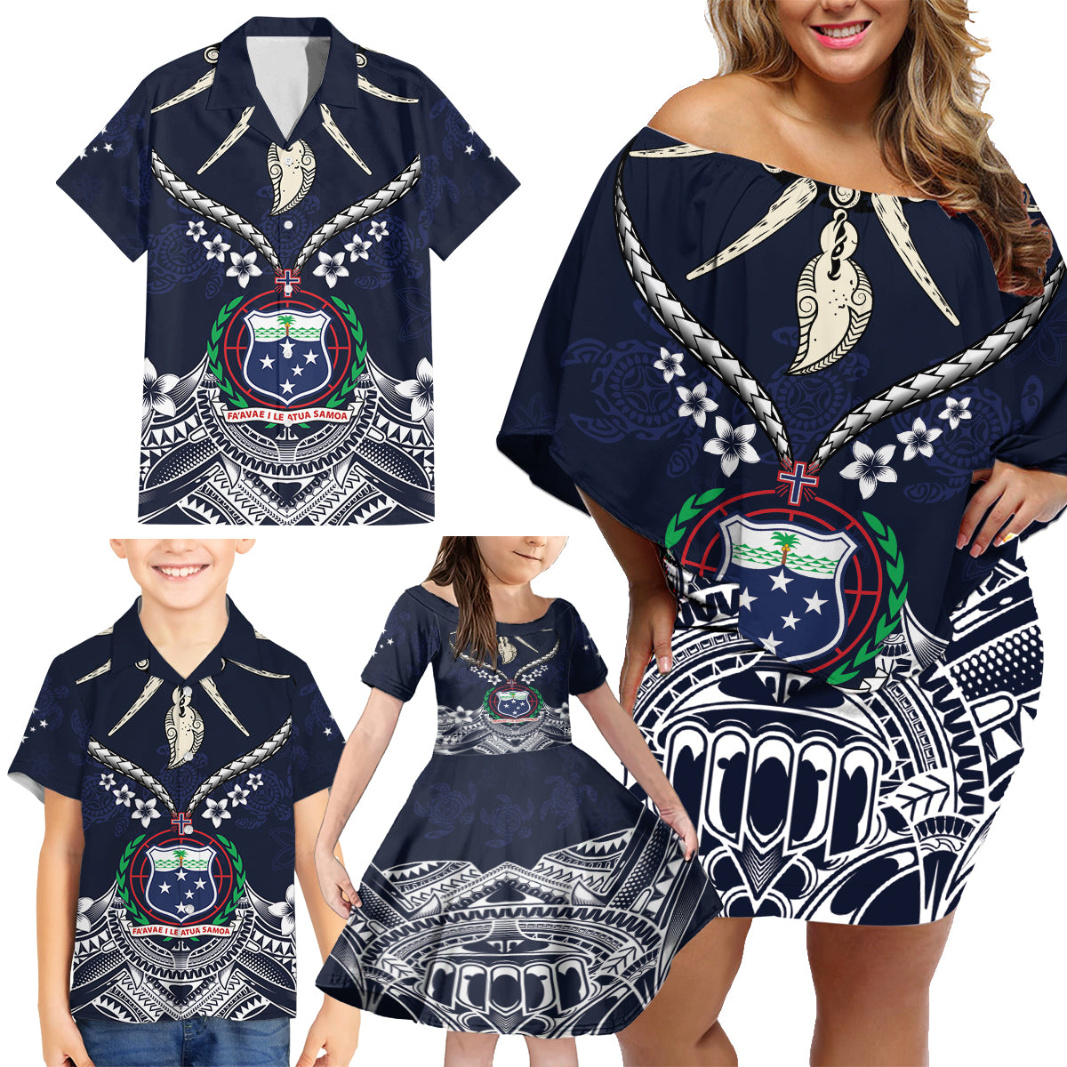 Samoa Independence Day Family Matching Off Shoulder Short Dress and Hawaiian Shirt Ula Nifo Mix Turtle LT01 - Polynesian Pride