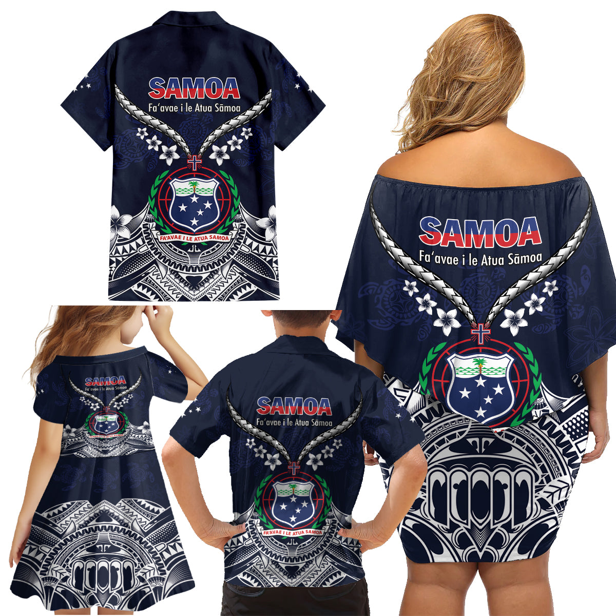 Samoa Independence Day Family Matching Off Shoulder Short Dress and Hawaiian Shirt Ula Nifo Mix Turtle LT01 - Polynesian Pride