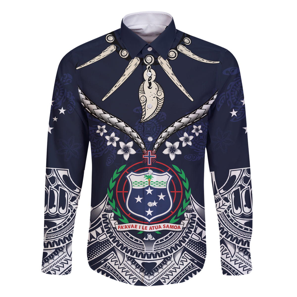 Samoa Independence Day Family Matching Off Shoulder Short Dress and Hawaiian Shirt Ula Nifo Mix Turtle LT01 Dad's Shirt - Long Sleeve Blue - Polynesian Pride