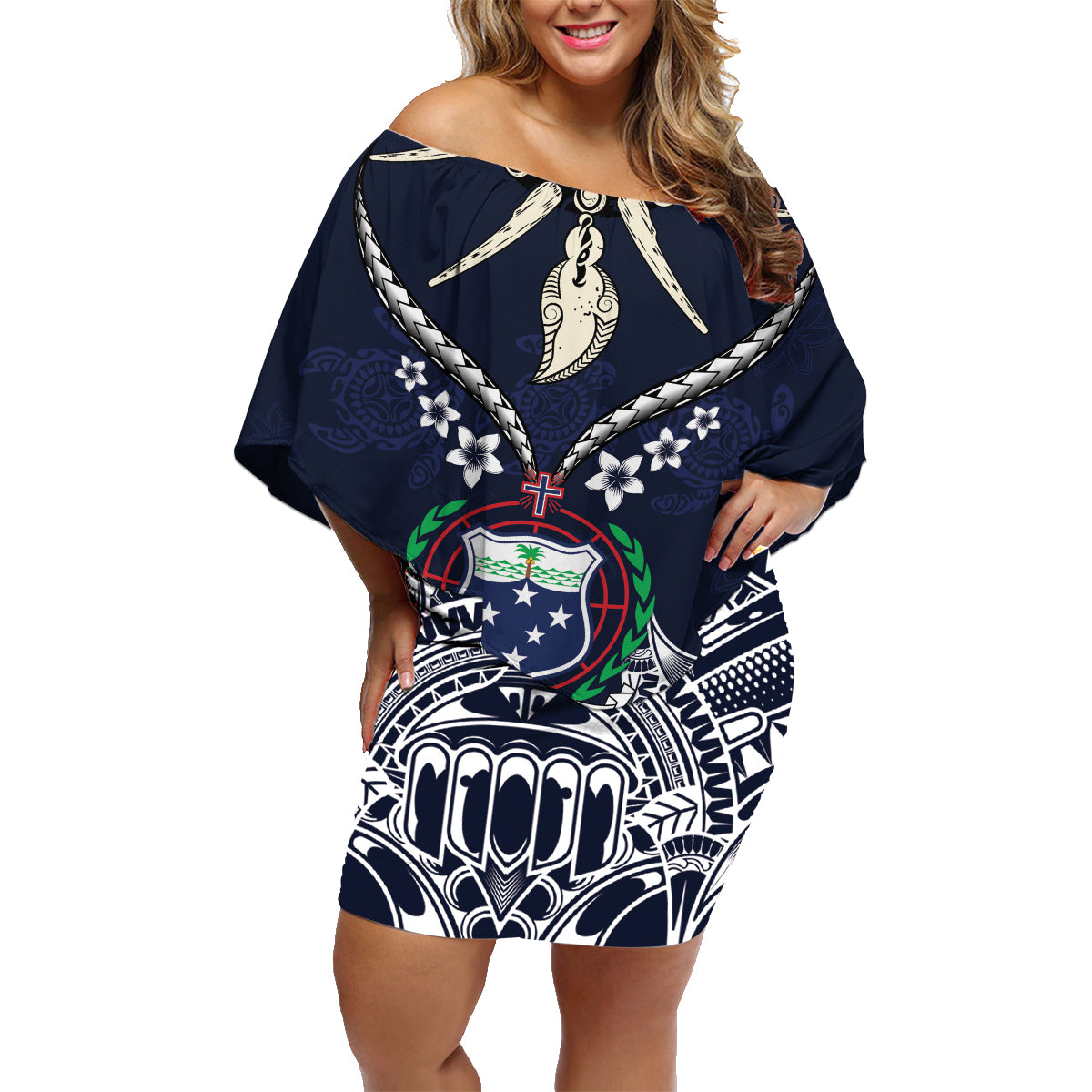 Samoa Independence Day Family Matching Off Shoulder Short Dress and Hawaiian Shirt Ula Nifo Mix Turtle LT01 Mom's Dress Blue - Polynesian Pride