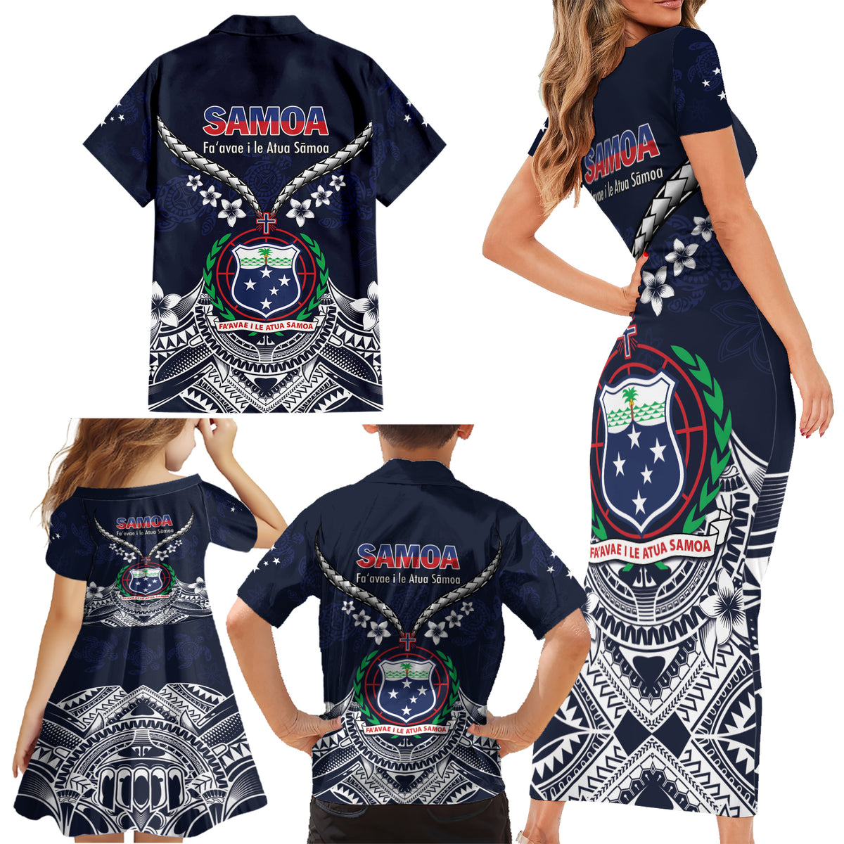 Samoa Independence Day Family Matching Short Sleeve Bodycon Dress and Hawaiian Shirt Ula Nifo Mix Turtle LT01 - Polynesian Pride