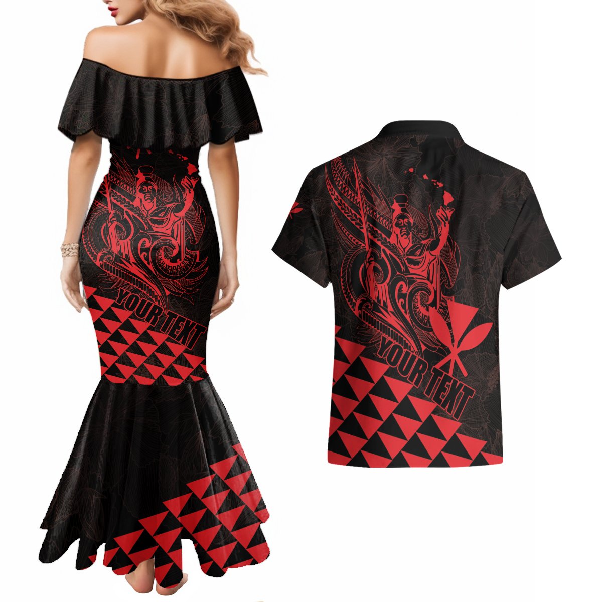 Personalized King Kamehameha Day Couples Matching Mermaid Dress and Hawaiian Shirt Kakau Polynesian Pattern