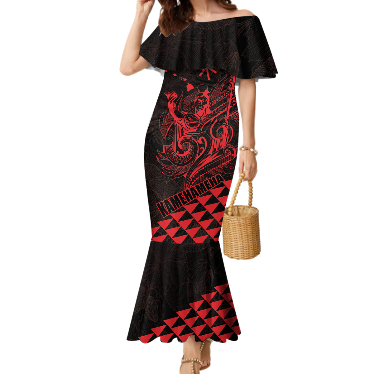 Personalized King Kamehameha Day Family Matching Mermaid Dress and Hawaiian Shirt Kakau Polynesian Pattern LT01 Mom's Dress Red - Polynesian Pride