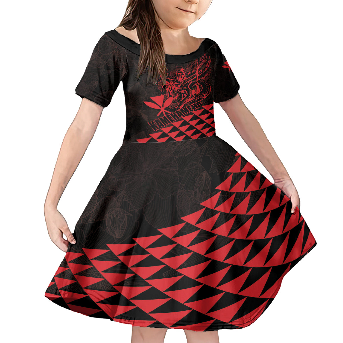 Personalized King Kamehameha Day Family Matching Off Shoulder Maxi Dress and Hawaiian Shirt Kakau Polynesian Pattern LT01 Daughter's Dress Red - Polynesian Pride