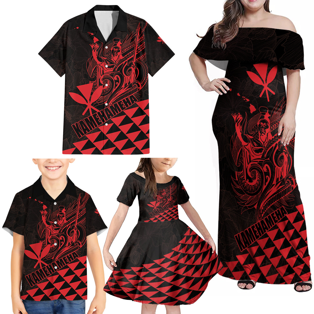 Personalized King Kamehameha Day Family Matching Off Shoulder Maxi Dress and Hawaiian Shirt Kakau Polynesian Pattern LT01 - Polynesian Pride