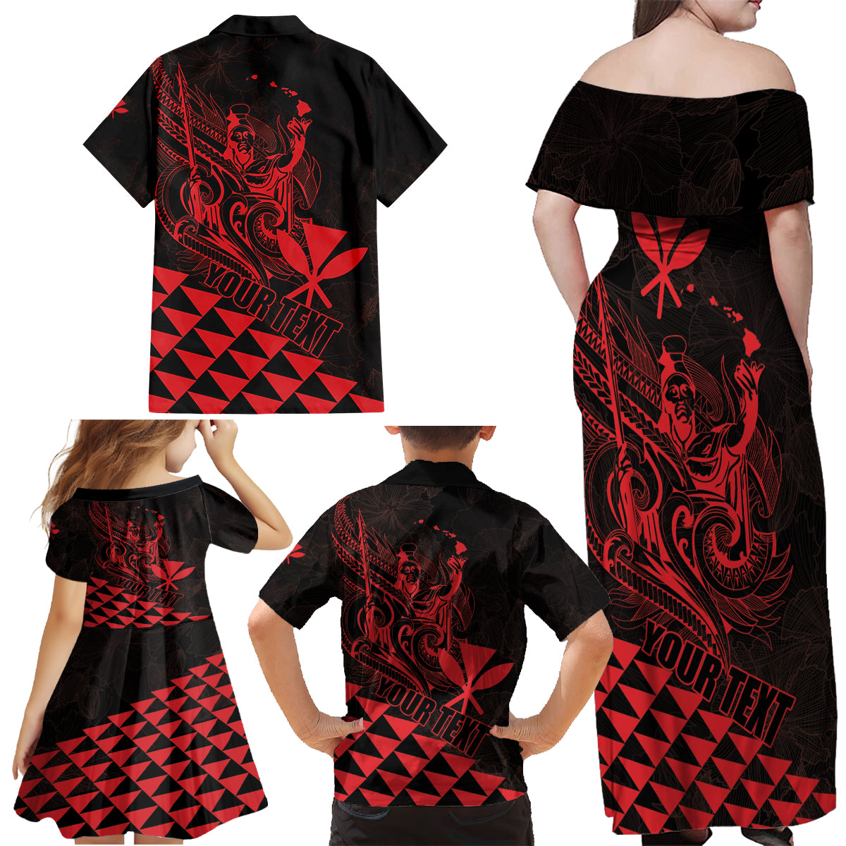 Personalized King Kamehameha Day Family Matching Off Shoulder Maxi Dress and Hawaiian Shirt Kakau Polynesian Pattern LT01 - Polynesian Pride
