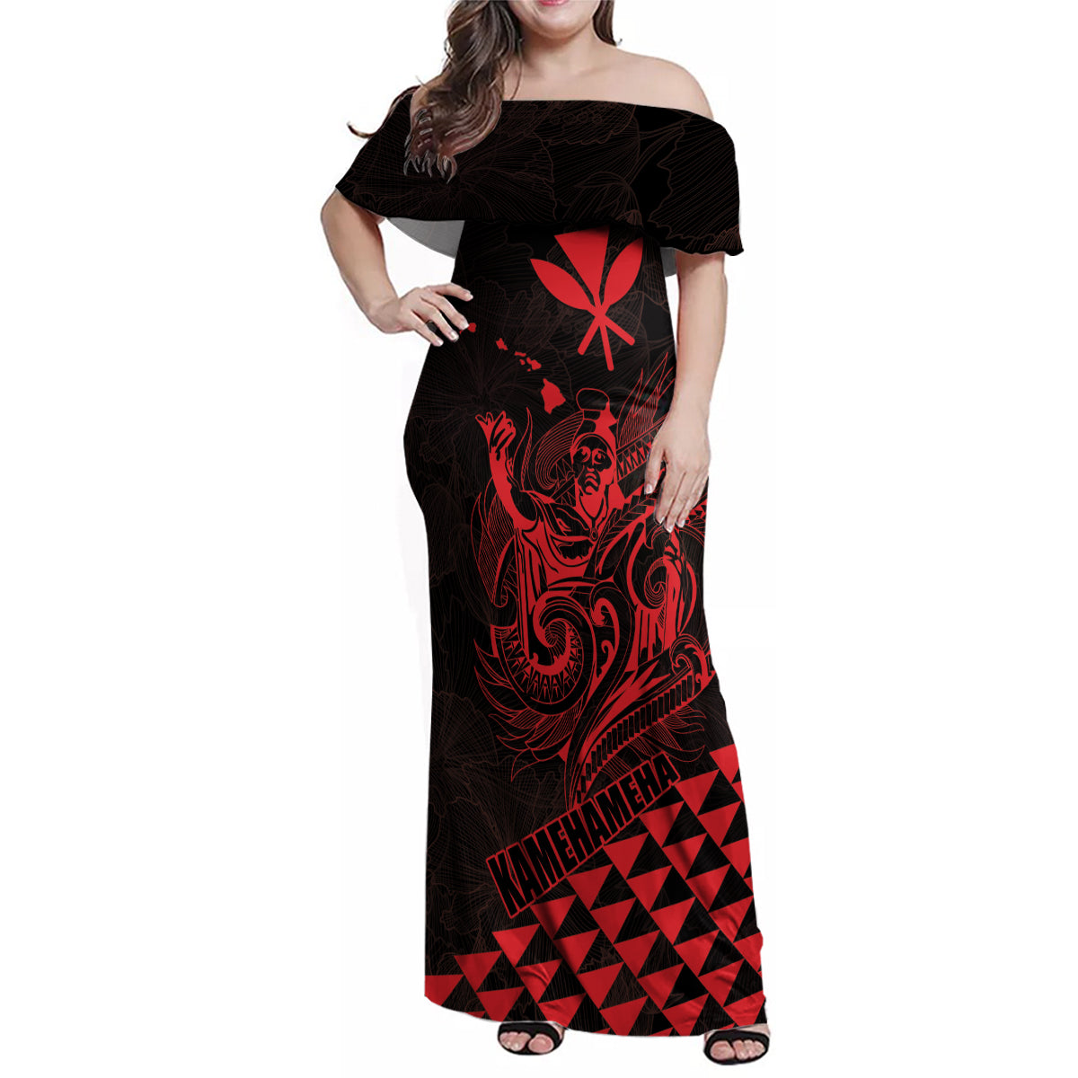 Personalized King Kamehameha Day Family Matching Off Shoulder Maxi Dress and Hawaiian Shirt Kakau Polynesian Pattern LT01 Mom's Dress Red - Polynesian Pride