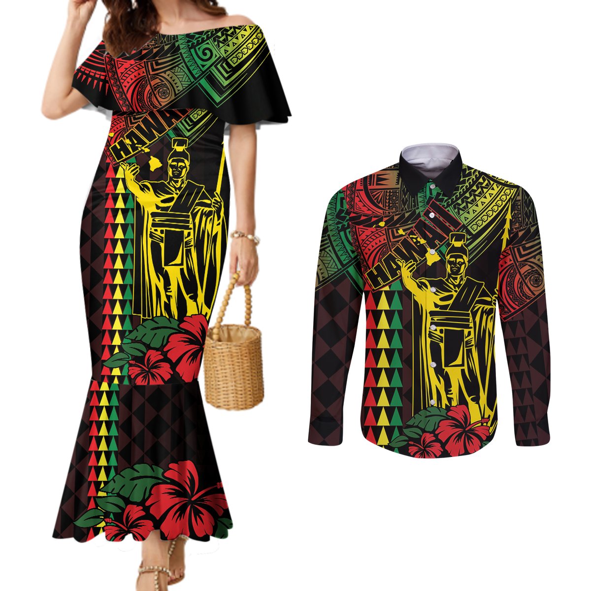 King Kamehameha Day Couples Matching Mermaid Dress and Long Sleeve Button Shirt Hawaii Kakau Reggae