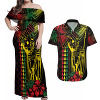 King Kamehameha Day Couples Matching Off Shoulder Maxi Dress and Hawaiian Shirt Hawaii Kakau Reggae LT01 Black - Polynesian Pride