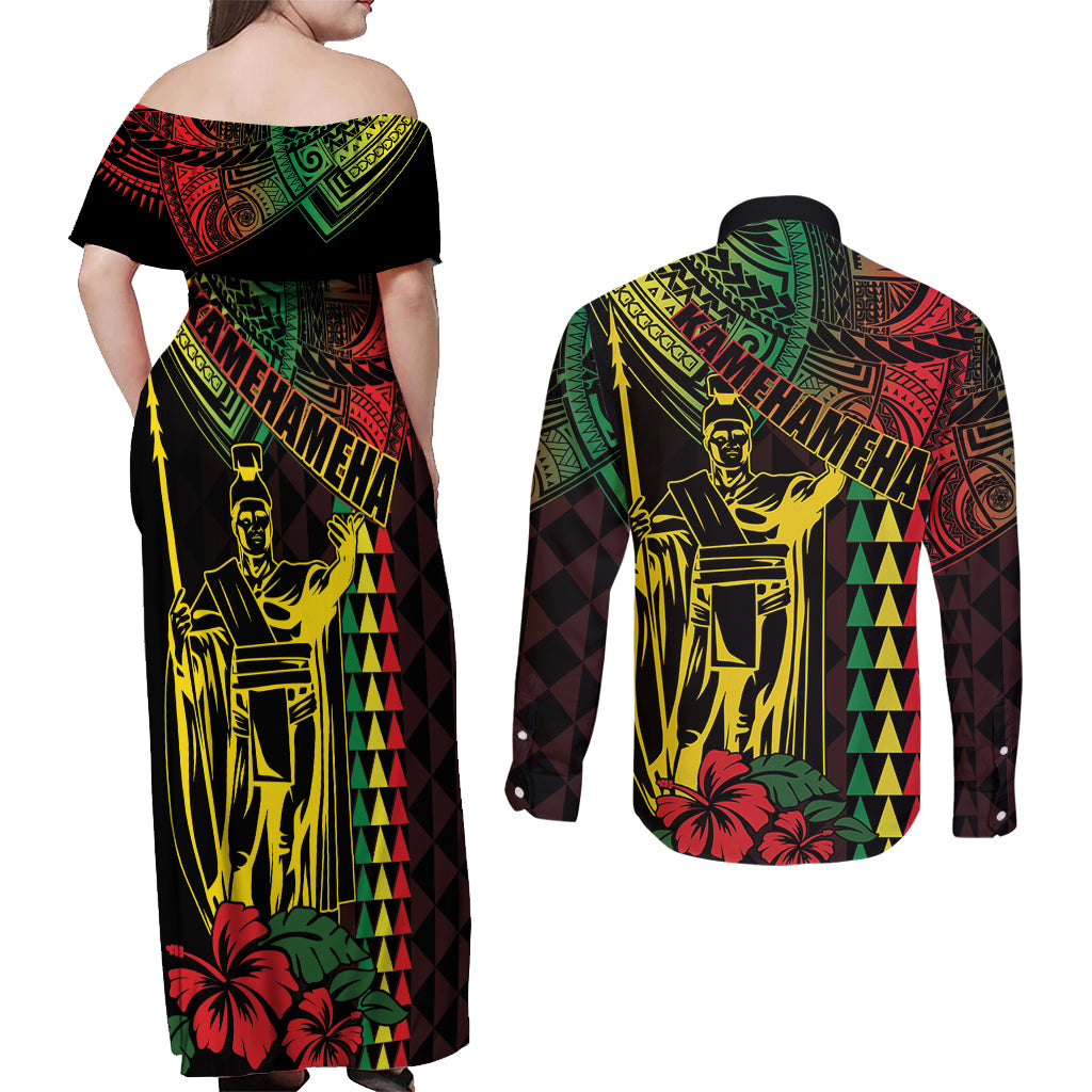 King Kamehameha Day Couples Matching Off Shoulder Maxi Dress and Long Sleeve Button Shirt Hawaii Kakau Reggae