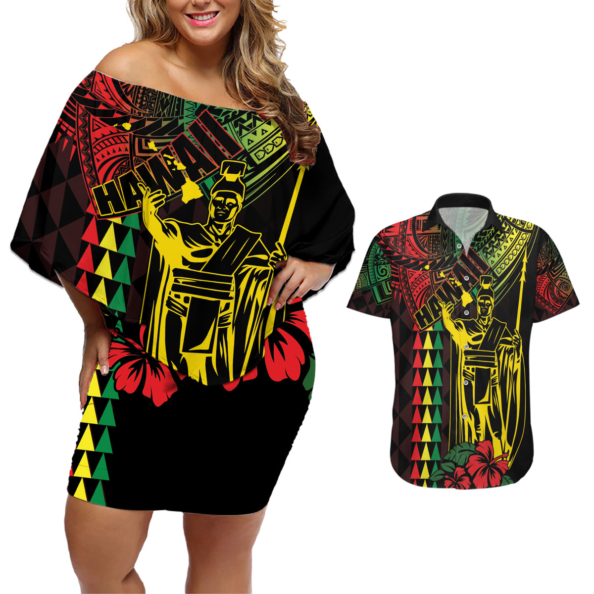 King Kamehameha Day Couples Matching Off Shoulder Short Dress and Hawaiian Shirt Hawaii Kakau Reggae