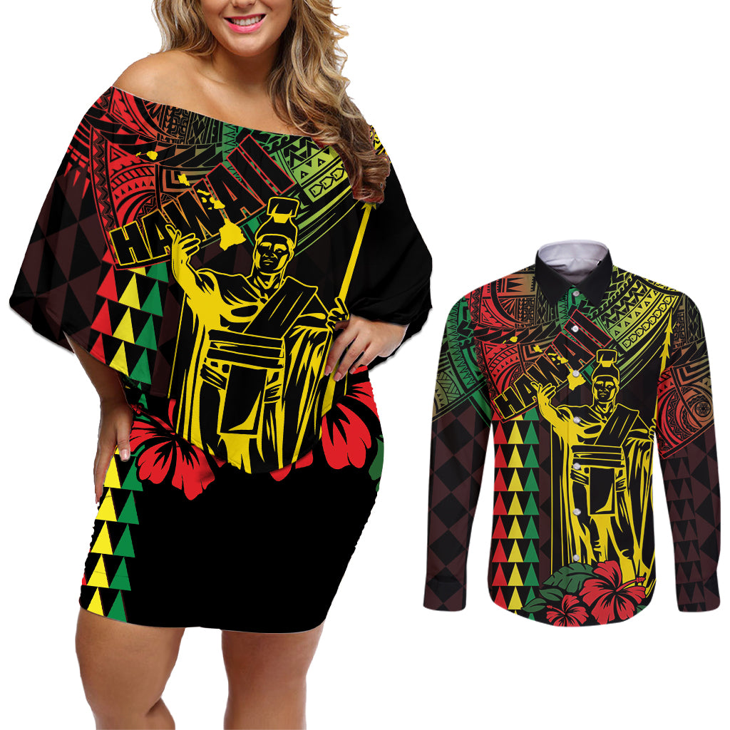 King Kamehameha Day Couples Matching Off Shoulder Short Dress and Long Sleeve Button Shirt Hawaii Kakau Reggae
