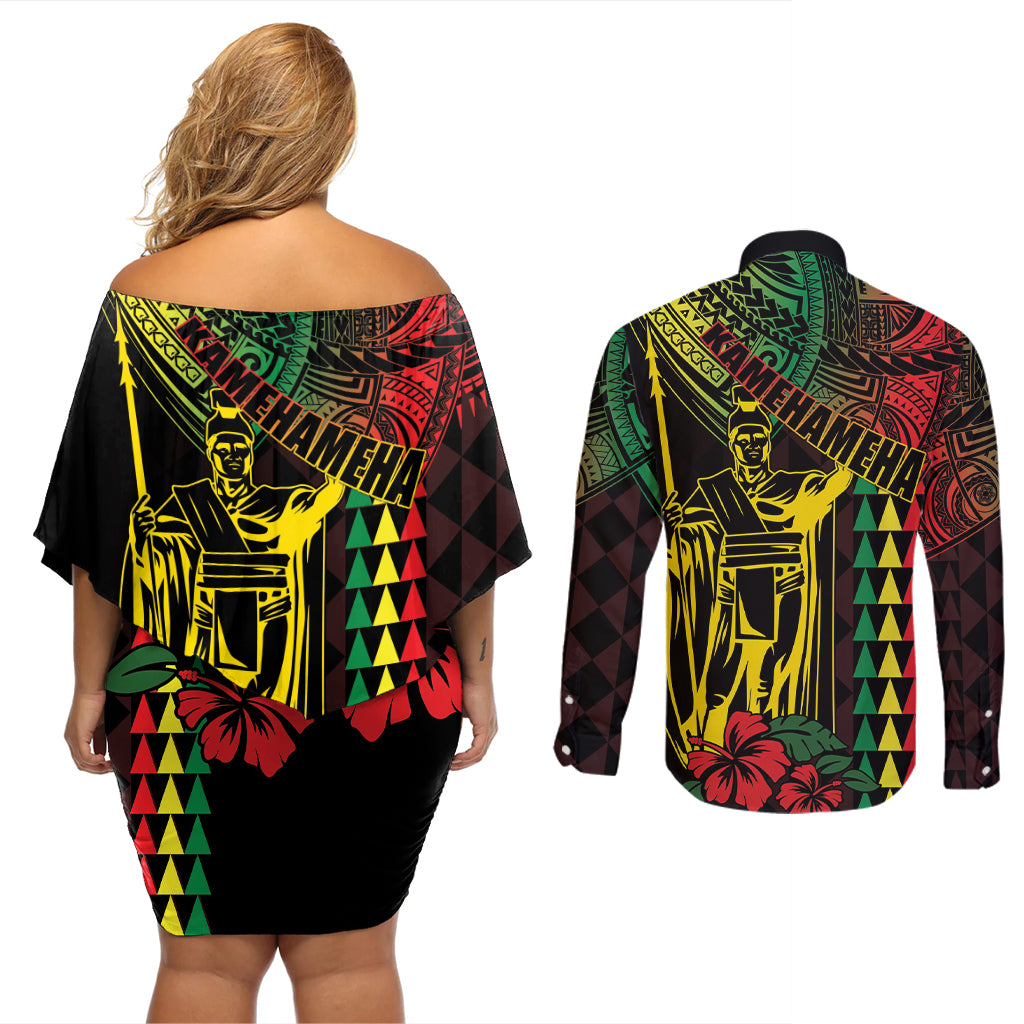 King Kamehameha Day Couples Matching Off Shoulder Short Dress and Long Sleeve Button Shirt Hawaii Kakau Reggae