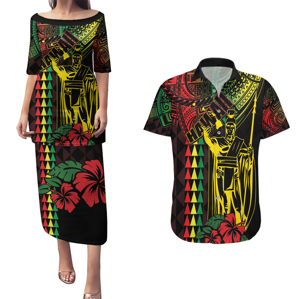 King Kamehameha Day Couples Matching Puletasi and Hawaiian Shirt Hawaii Kakau Reggae LT01 Black - Polynesian Pride