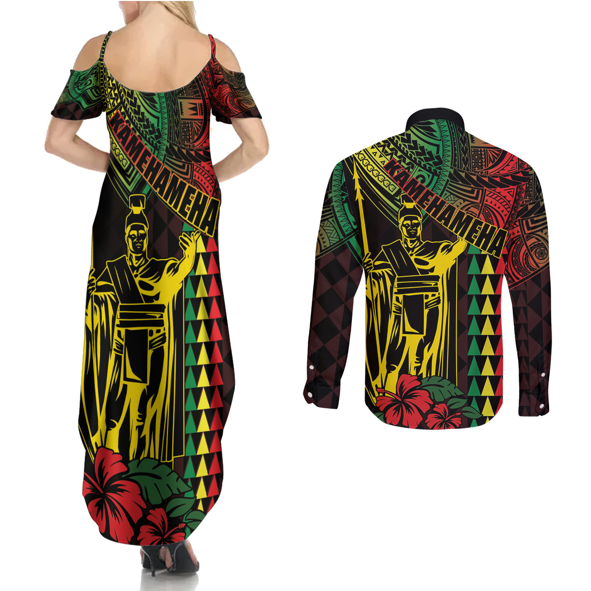 King Kamehameha Day Couples Matching Summer Maxi Dress and Long Sleeve Button Shirt Hawaii Kakau Reggae