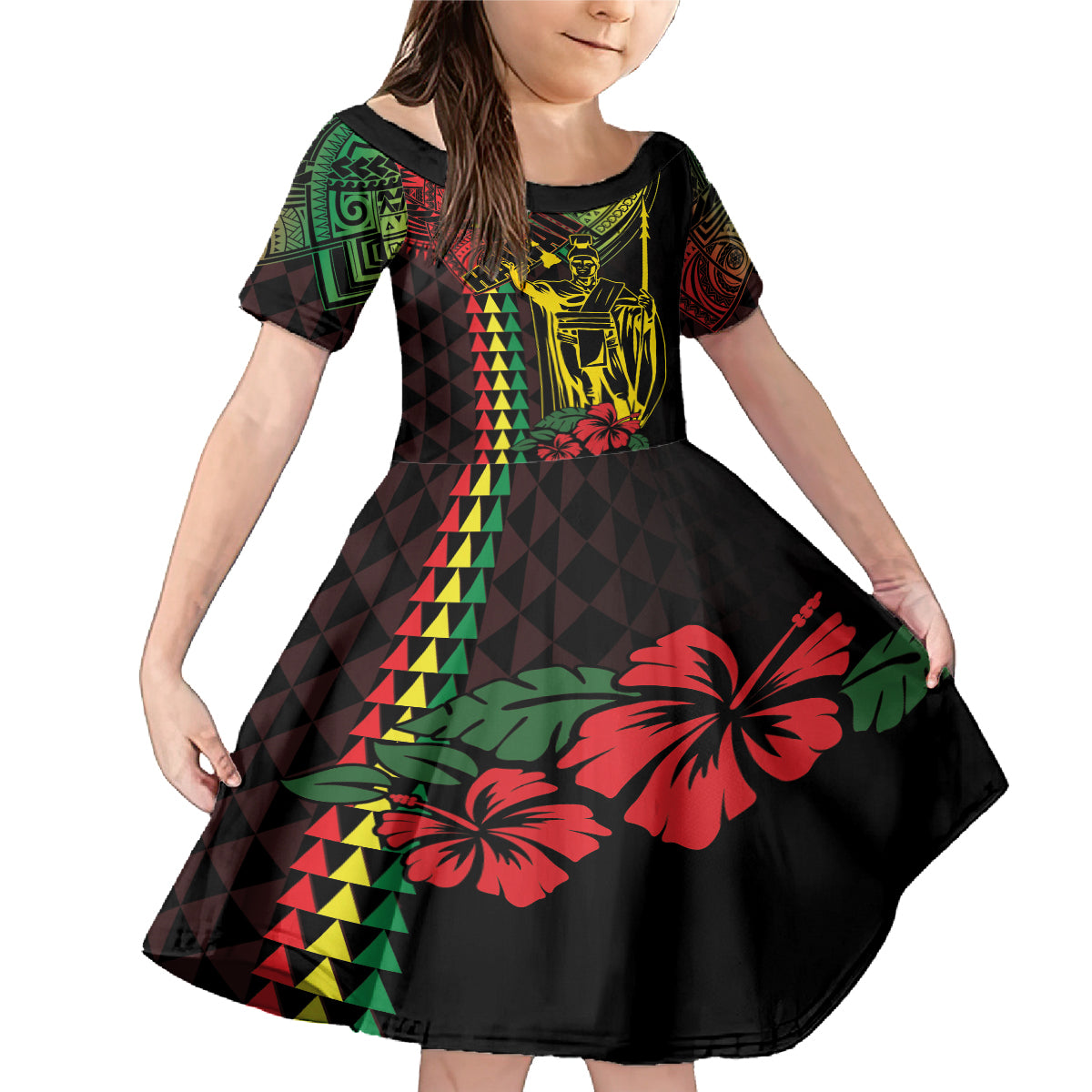King Kamehameha Day Family Matching Mermaid Dress and Hawaiian Shirt Hawaii Kakau Reggae LT01 Daughter's Dress Black - Polynesian Pride