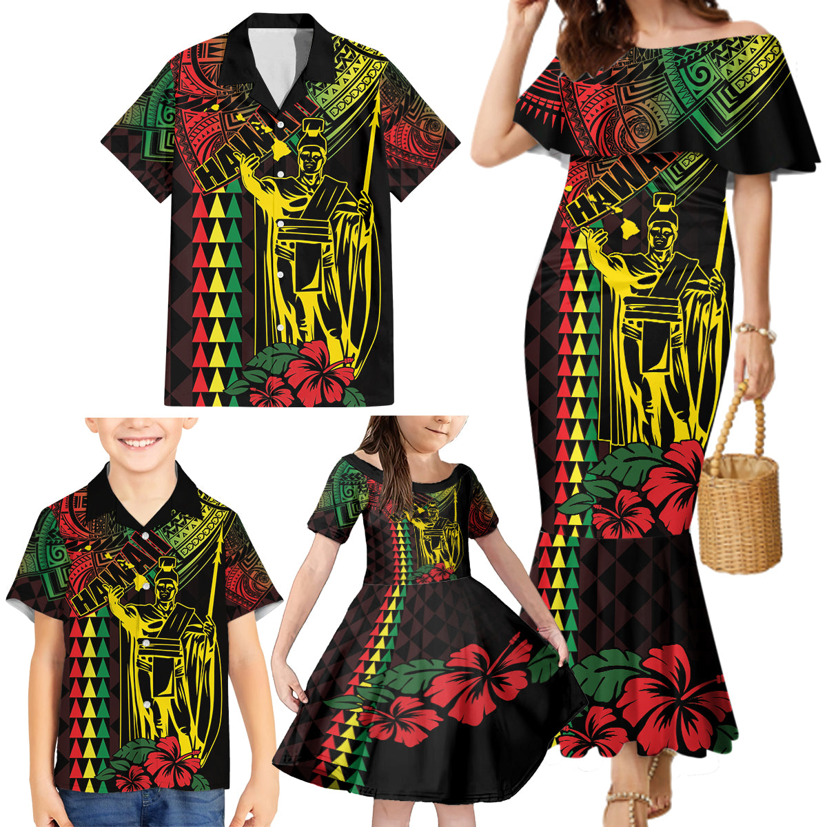 King Kamehameha Day Family Matching Mermaid Dress and Hawaiian Shirt Hawaii Kakau Reggae LT01 - Polynesian Pride