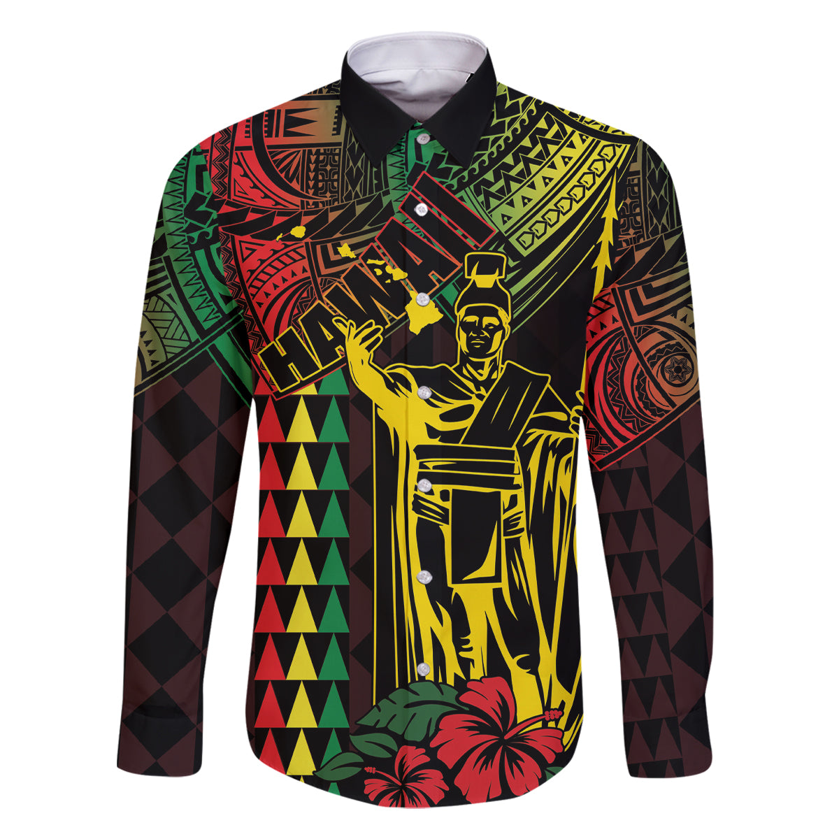 King Kamehameha Day Family Matching Off Shoulder Maxi Dress and Hawaiian Shirt Hawaii Kakau Reggae LT01 Dad's Shirt - Long Sleeve Black - Polynesian Pride