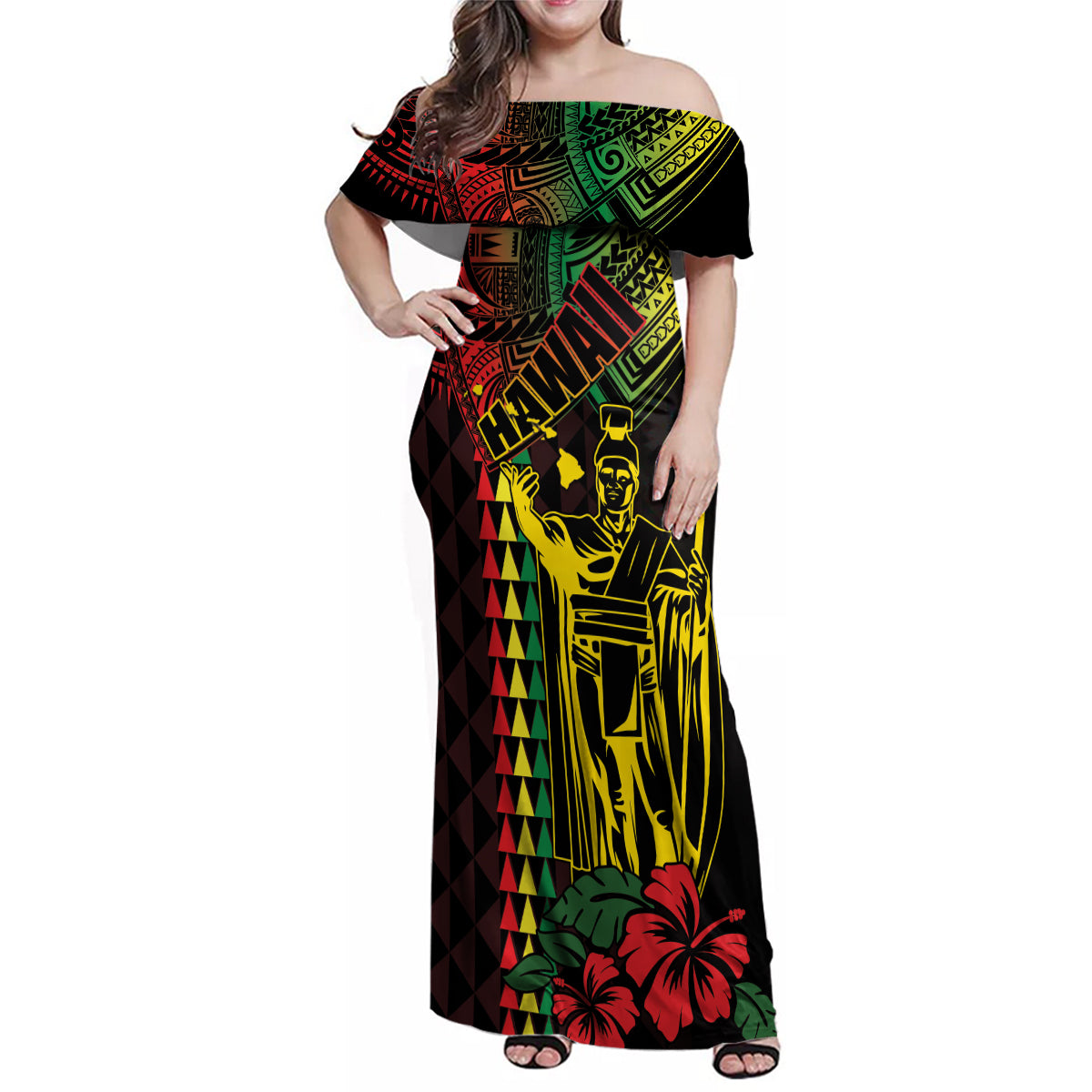 King Kamehameha Day Family Matching Off Shoulder Maxi Dress and Hawaiian Shirt Hawaii Kakau Reggae LT01 Mom's Dress Black - Polynesian Pride