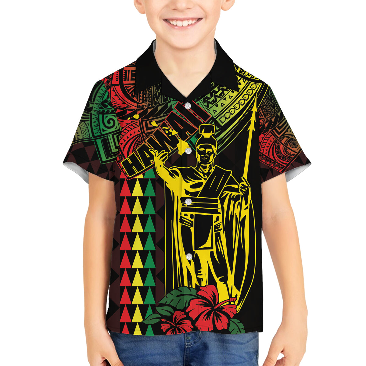 King Kamehameha Day Family Matching Off Shoulder Maxi Dress and Hawaiian Shirt Hawaii Kakau Reggae LT01 Son's Shirt Black - Polynesian Pride