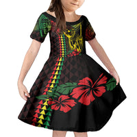 King Kamehameha Day Family Matching Puletasi and Hawaiian Shirt Hawaii Kakau Reggae LT01 Daughter's Dress Black - Polynesian Pride