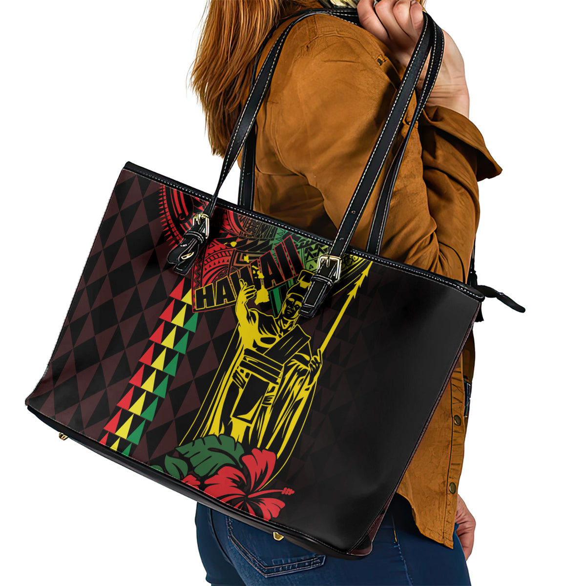 King Kamehameha Day Leather Tote Bag Hawaii Kakau Reggae LT01 - Polynesian Pride
