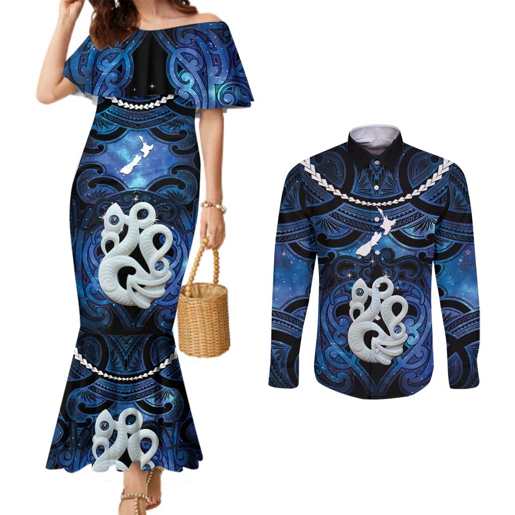 Personalized Maori Matariki Manaia Couples Matching Mermaid Dress and Long Sleeve Button Shirt Maori Kowhaiwhai Pattern Galaxy