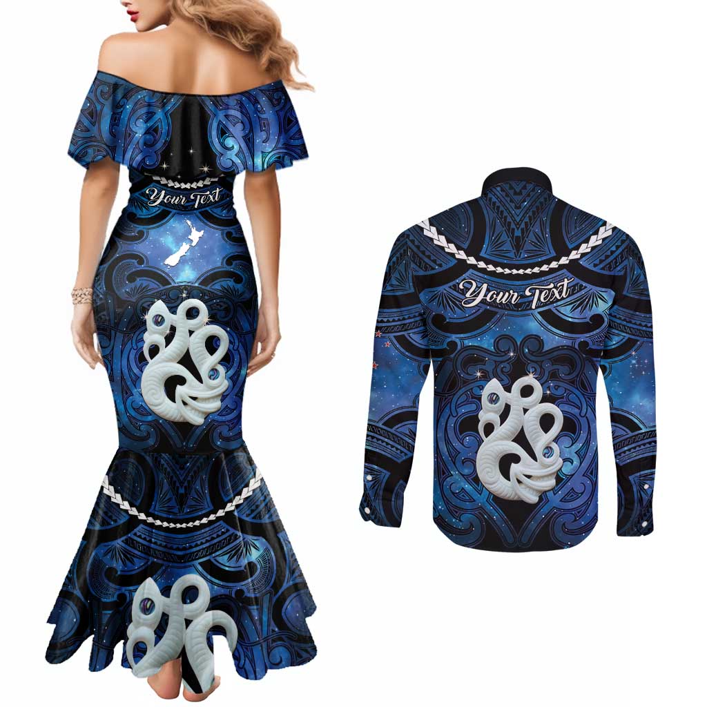 Personalized Maori Matariki Manaia Couples Matching Mermaid Dress and Long Sleeve Button Shirt Maori Kowhaiwhai Pattern Galaxy