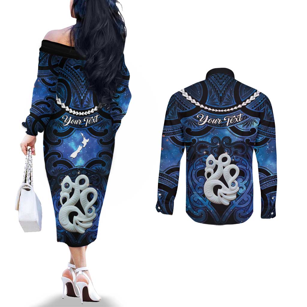 Personalized Maori Matariki Manaia Couples Matching Off The Shoulder Long Sleeve Dress and Long Sleeve Button Shirt Maori Kowhaiwhai Pattern Galaxy LT01 - Polynesian Pride