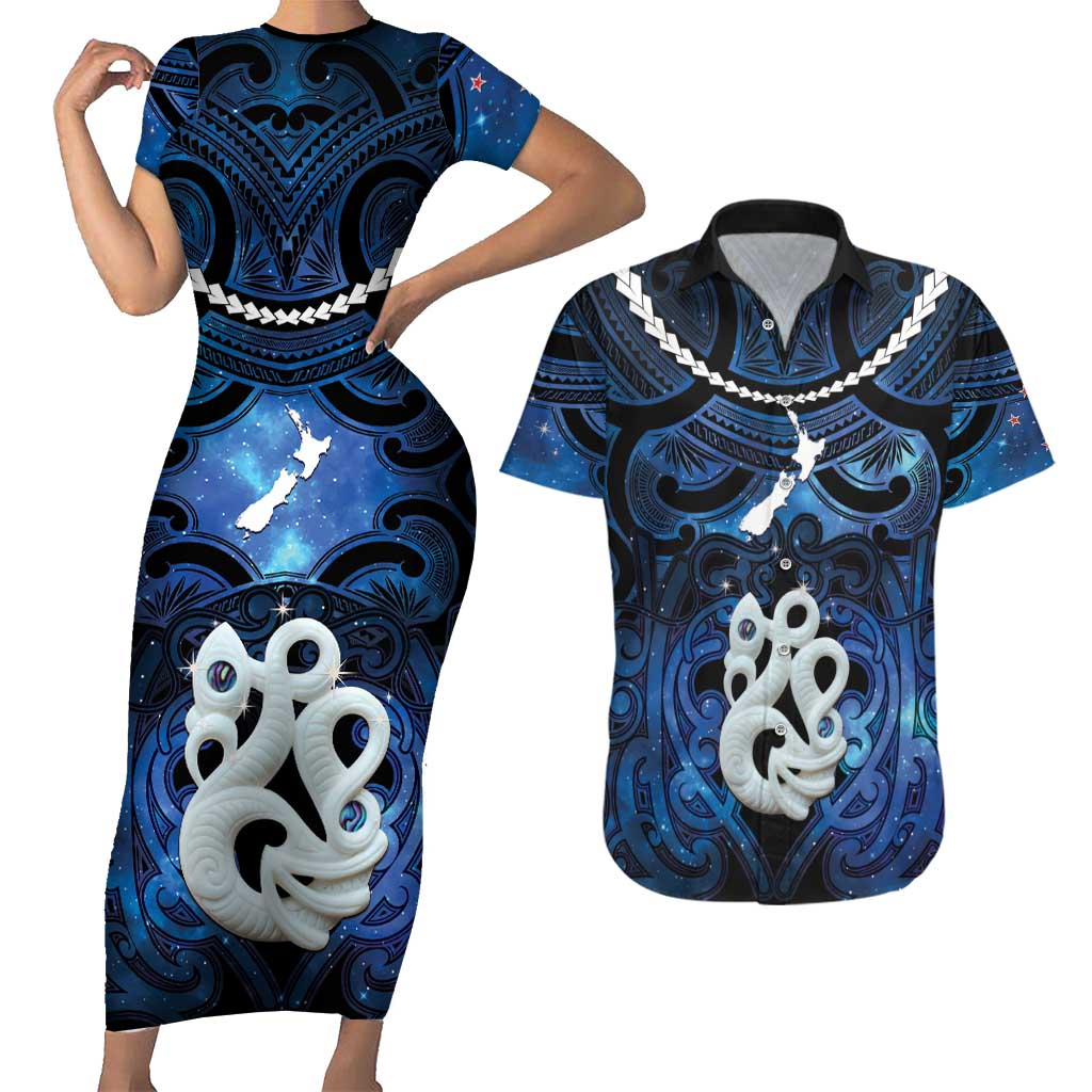 Personalized Maori Matariki Manaia Couples Matching Short Sleeve Bodycon Dress and Hawaiian Shirt Maori Kowhaiwhai Pattern Galaxy LT01 Blue - Polynesian Pride